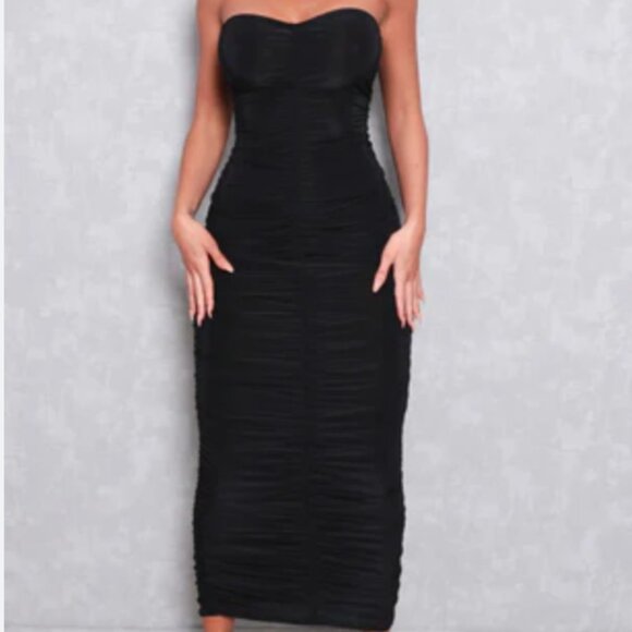 BLACK RUCHED BODYCON STRAPLESS MIDI DRESS SIZE L - Picture 1 of 5